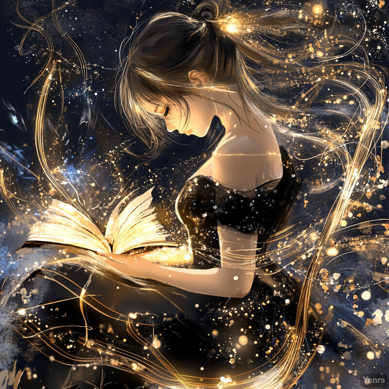 A woman reading a book surrounded by an ethereal glow