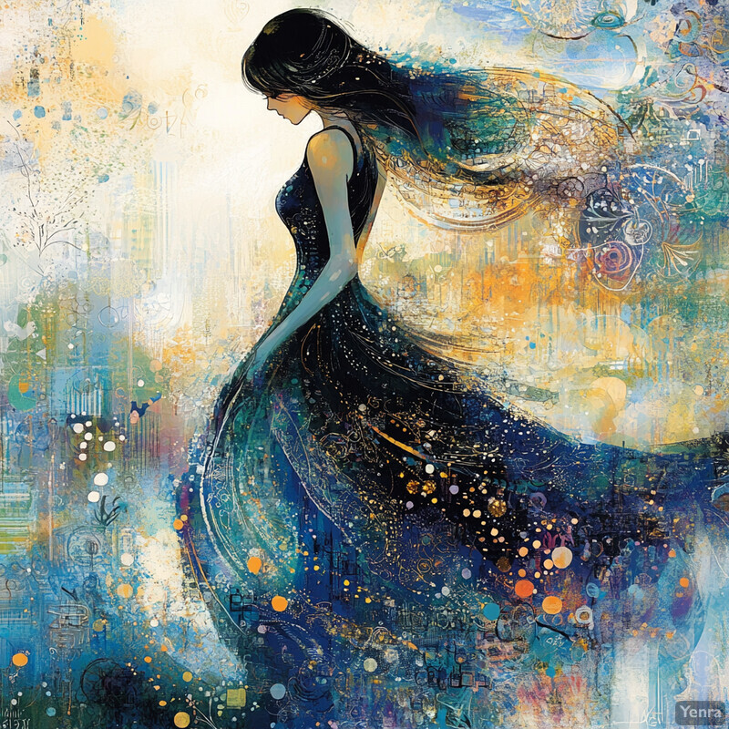 A woman in a black dress stands against an abstract dreamlike landscape background.