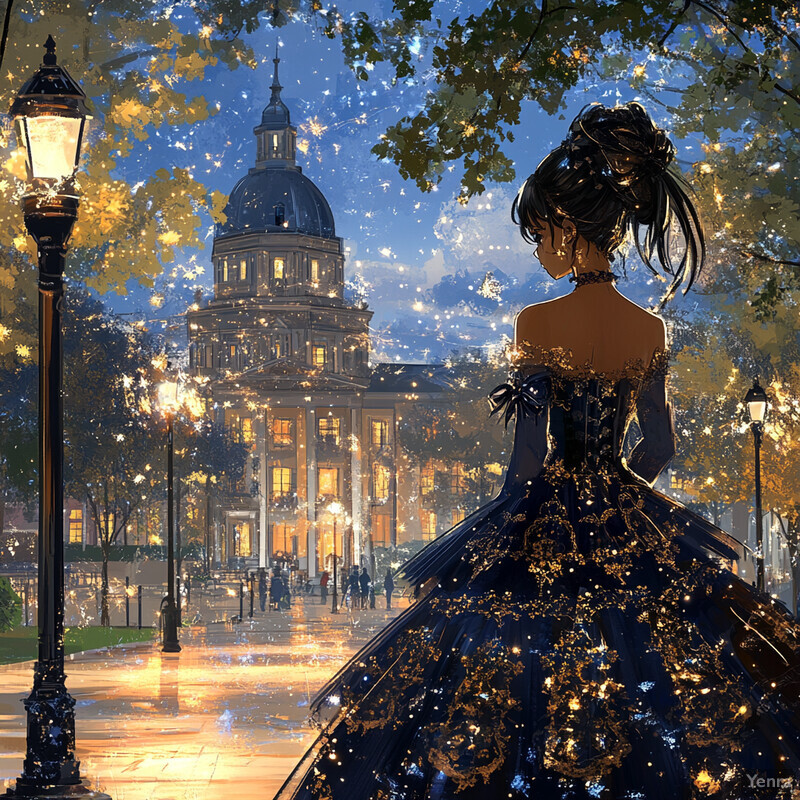 A woman walks down a tree-lined street in a dark blue formal gown with gold floral patterns, surrounded by buildings and a dark blue sky.