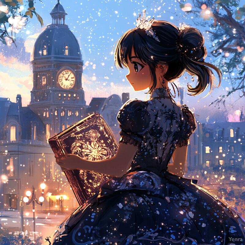 A young woman with dark hair and a blue dress holding a book in front of a city skyline at dusk