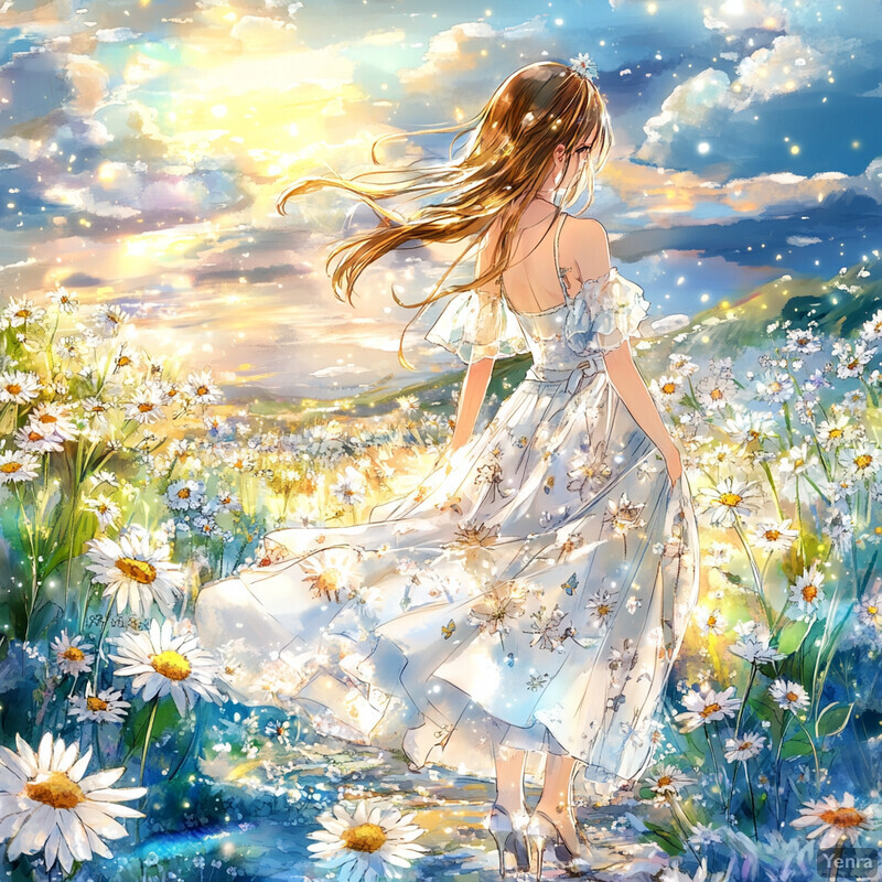 A serene and idyllic scene of a woman walking through a field of daisies on a sunny day.