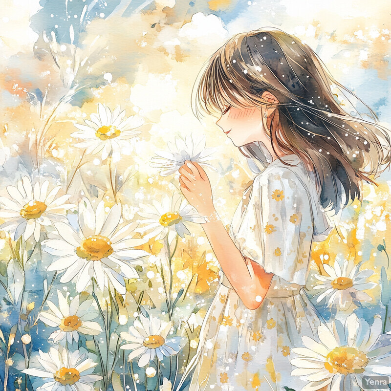 A young girl stands amidst a field of white daisies, taking in their sweet fragrance.