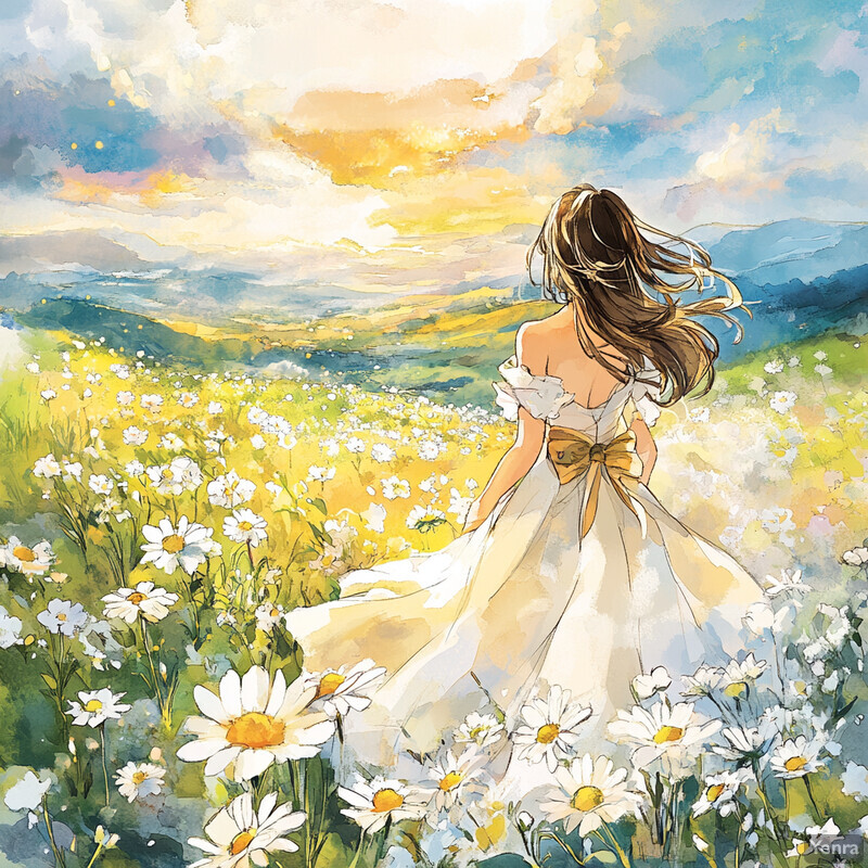 A serene and idyllic scene of a woman in a white dress standing amidst a field of daisies