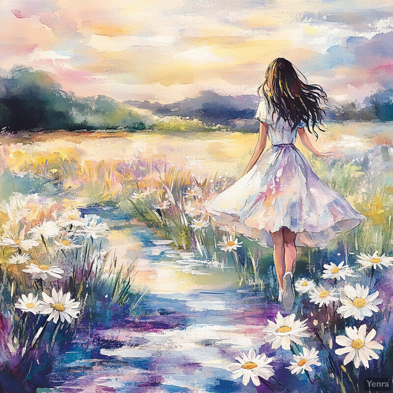 Woman walking through a field of daisies on a sunny day