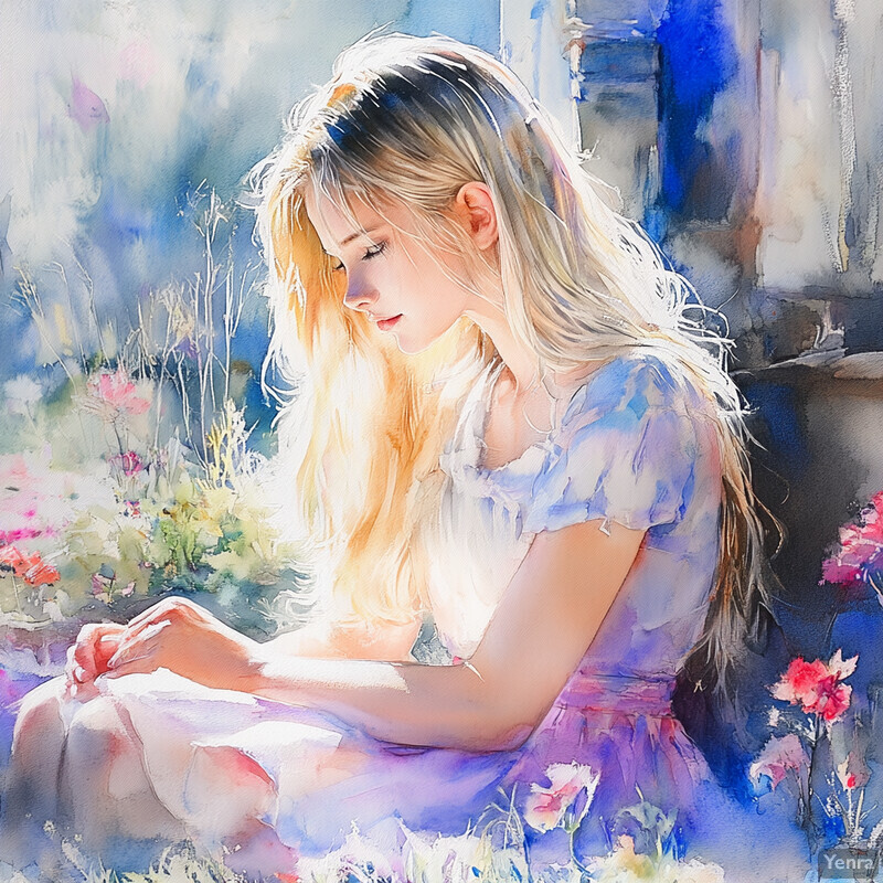 A young girl sits in a garden surrounded by wildflowers, lost in thought.