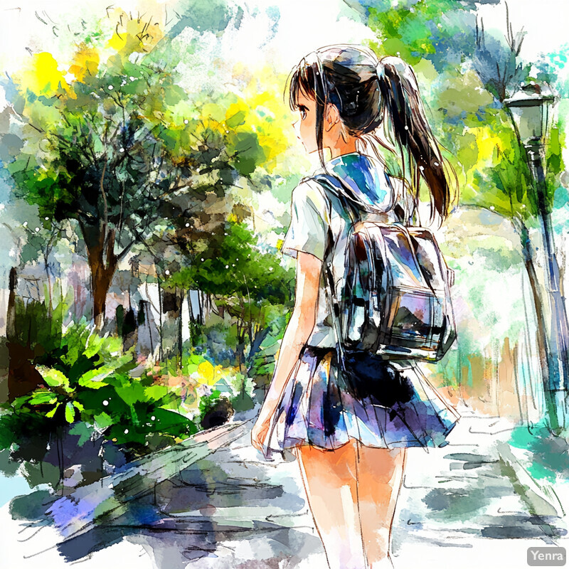 A young girl walks down a tree-lined path, wearing a white shirt and blue skirt, carrying a black backpack.