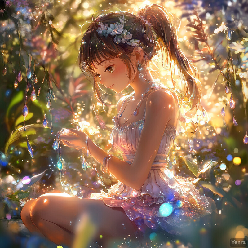 A young girl sits amidst lush greenery, surrounded by vibrant flowers and leaves, lost in thought as she examines the details of the petals or leaves.