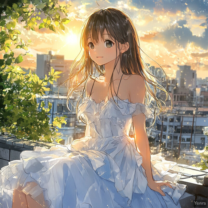 Anime-style girl sitting on a ledge, gazing at the cityscape