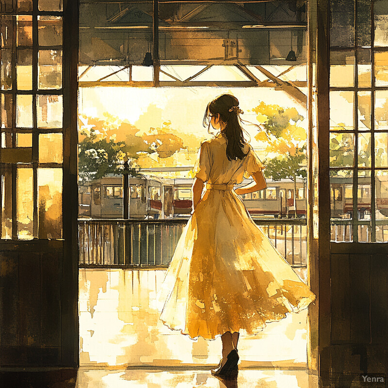 Anime-style illustration of a young woman standing in front of a large window, looking out at a cityscape