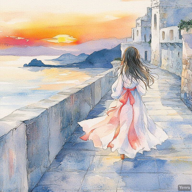 Watercolor painting of a woman strolling along a stone wall overlooking the ocean at dusk