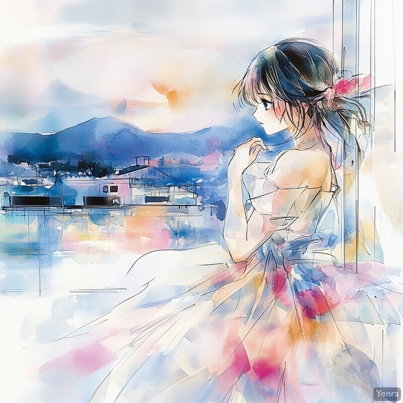 A woman gazes out at a lake or ocean from a window, surrounded by a village and soft pastel colors.