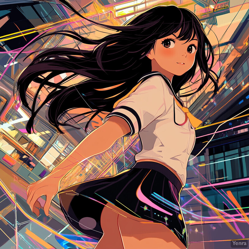 Anime girl in a white shirt and yellow tie, looking over her shoulder at the viewer, set against a cityscape background with neon lights.