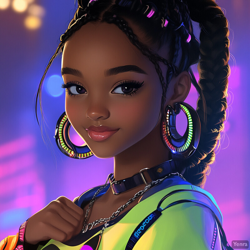 An animated woman with dark skin and long black hair styled in braids, wearing large hoop earrings with multicolored lights and a neon green top.