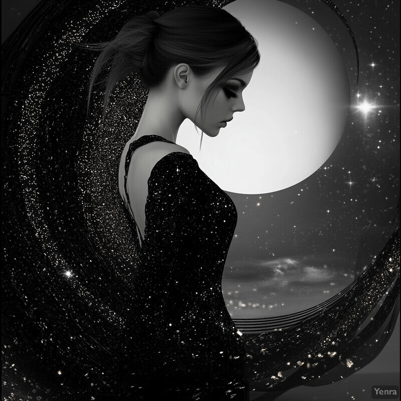 A woman in a black dress stands before a starry sky, evoking an eclipse.