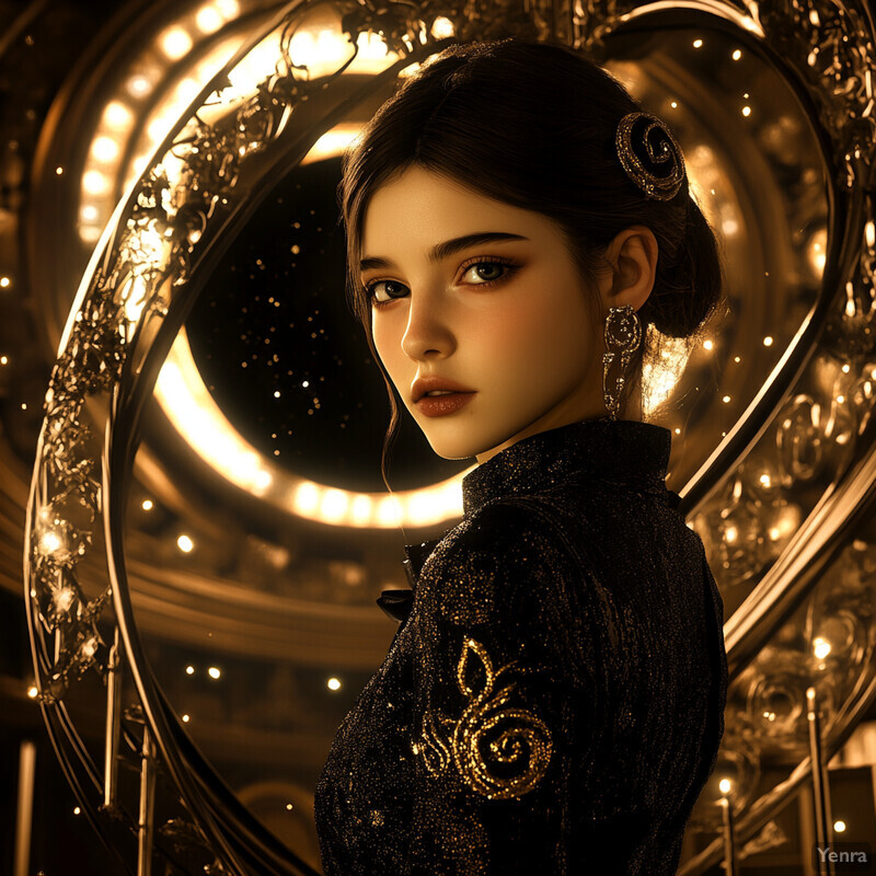 A woman with fair skin and dark hair stands in front of an ornate mirror, wearing a black dress with gold embroidery.