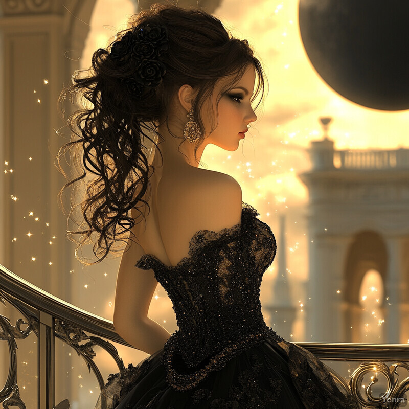 A woman in a black dress stands on a balcony or bridge, looking out over a cityscape.