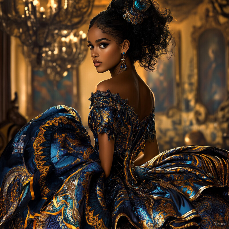 An enchanting woman in a royal blue gown poses confidently in a luxurious setting