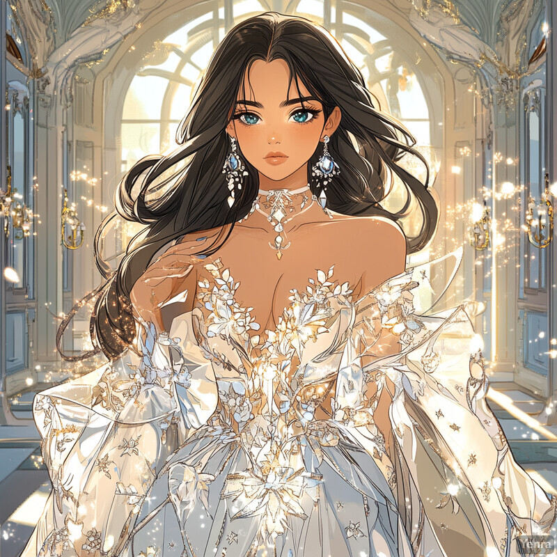 Anime-style woman in white dress with gold accents