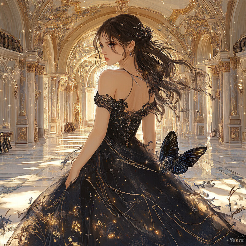 A woman in a black dress stands in an ornate room with gold accents and white marble floors.