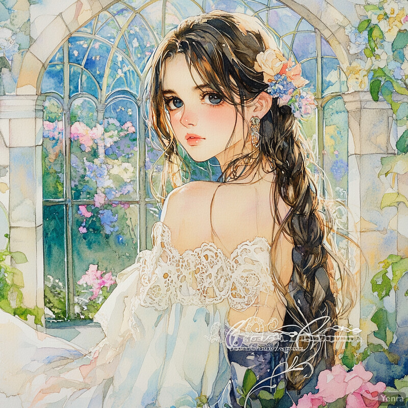 A young woman stands in front of an arched window surrounded by lush greenery and vibrant flowers