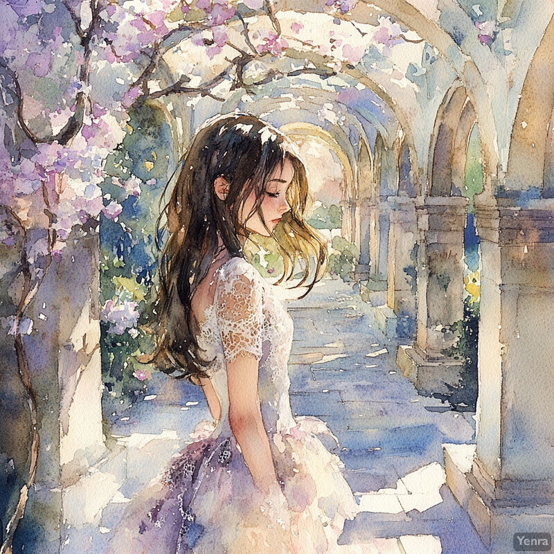 A woman in a white dress stands amidst an archway of blooming flowers, exuding poise and grace.