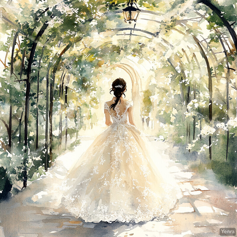 A serene and idyllic scene of a woman in a white wedding dress walking through an arched trellis covered in lush greenery.