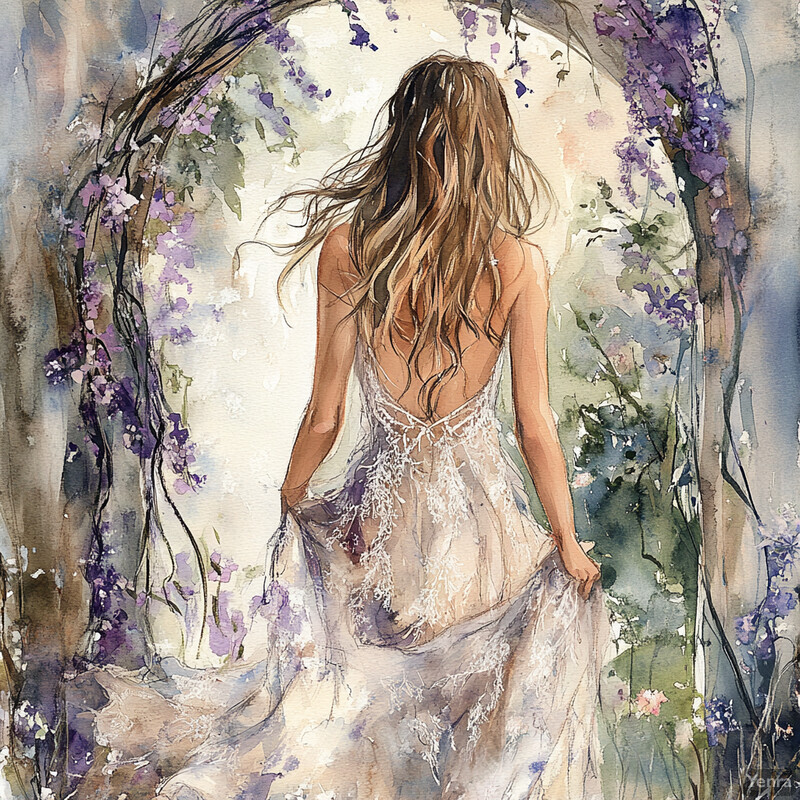 A serene depiction of a woman in a white dress standing in an enchanting garden.