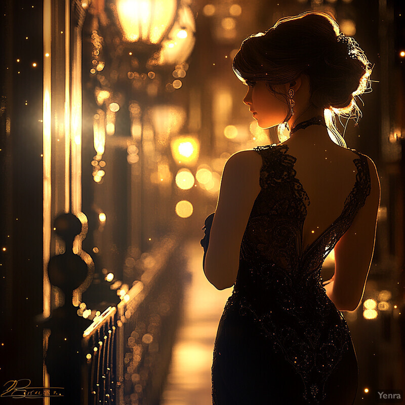 A woman in a black lace dress stands confidently in front of a blurred cityscape at night.