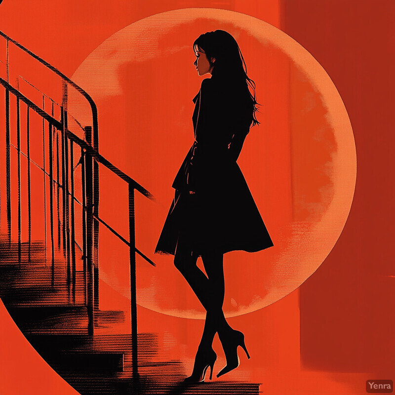 A striking black silhouette of a woman standing on a staircase against an orange background