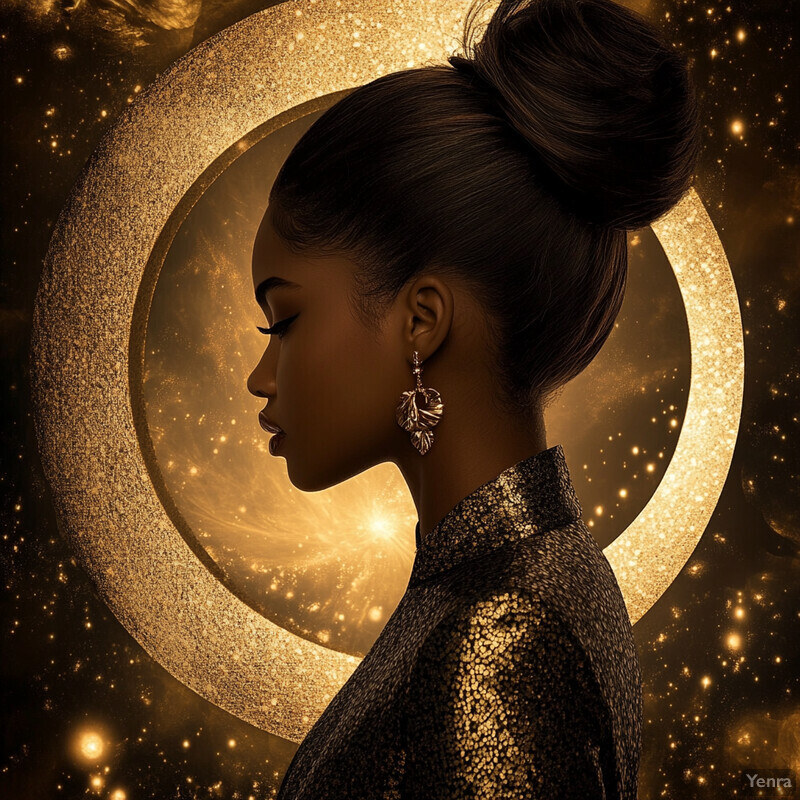 A woman with her hair styled in a bun, set against a backdrop of stars and planets.