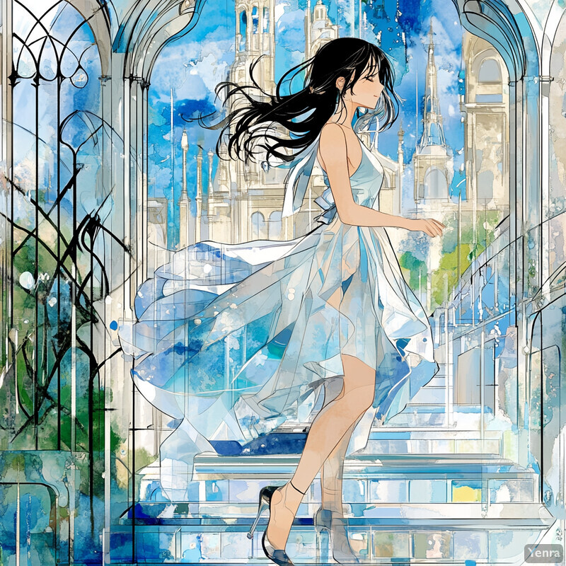 Anime-style woman walking down stairs in front of large white building