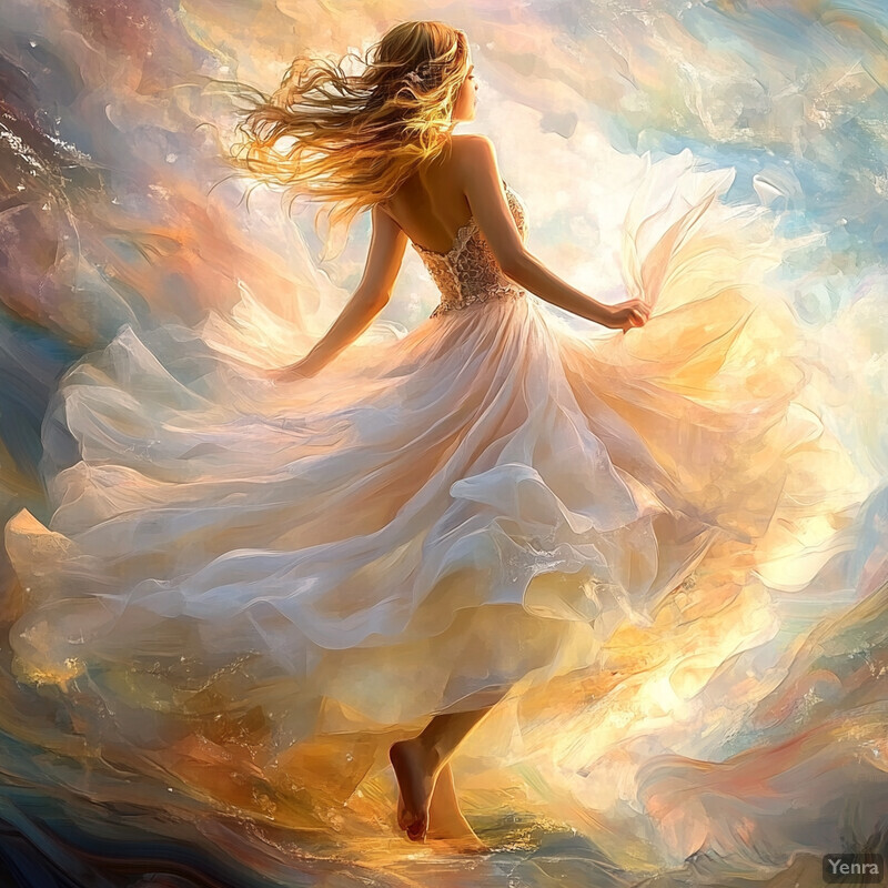 A serene and dreamy image of a woman in a flowing white dress gazing upwards with a tranquil expression.