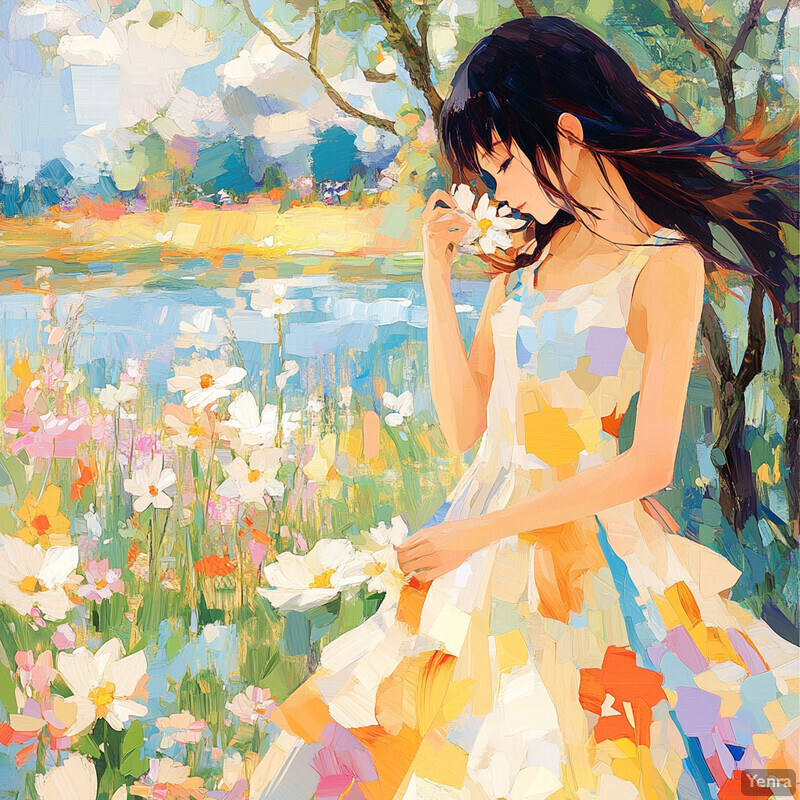 A young girl sits by a riverbank surrounded by wildflowers, lost in thought.