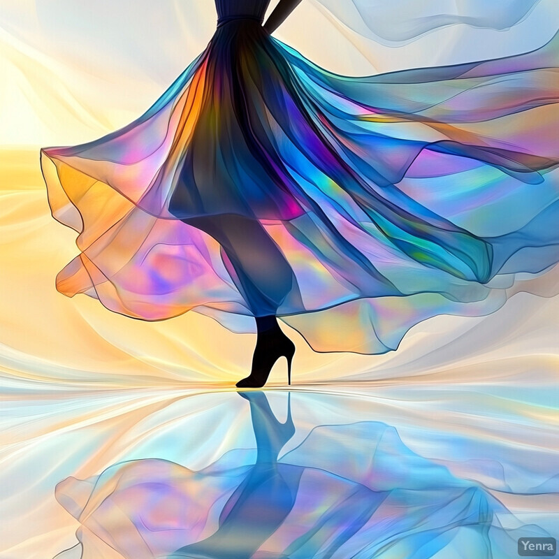 A woman in an iridescent dress twirling in front of a soft, dreamy background.