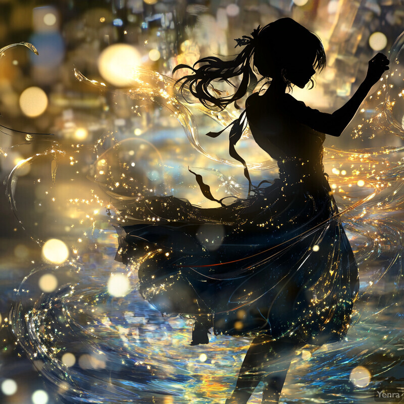 A silhouette of a woman in motion against a vibrant background of swirling colors and lights.