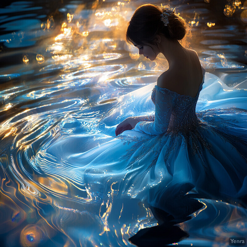 Woman in blue ballgown standing on lake shore