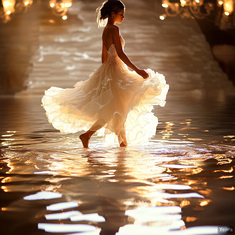 A woman in a white wedding dress poses elegantly in front of a blurred background with chandeliers and plush furnishings