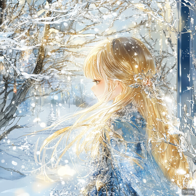 Anime-style illustration of a young girl with long blonde hair and bangs, standing in front of a snowy landscape.