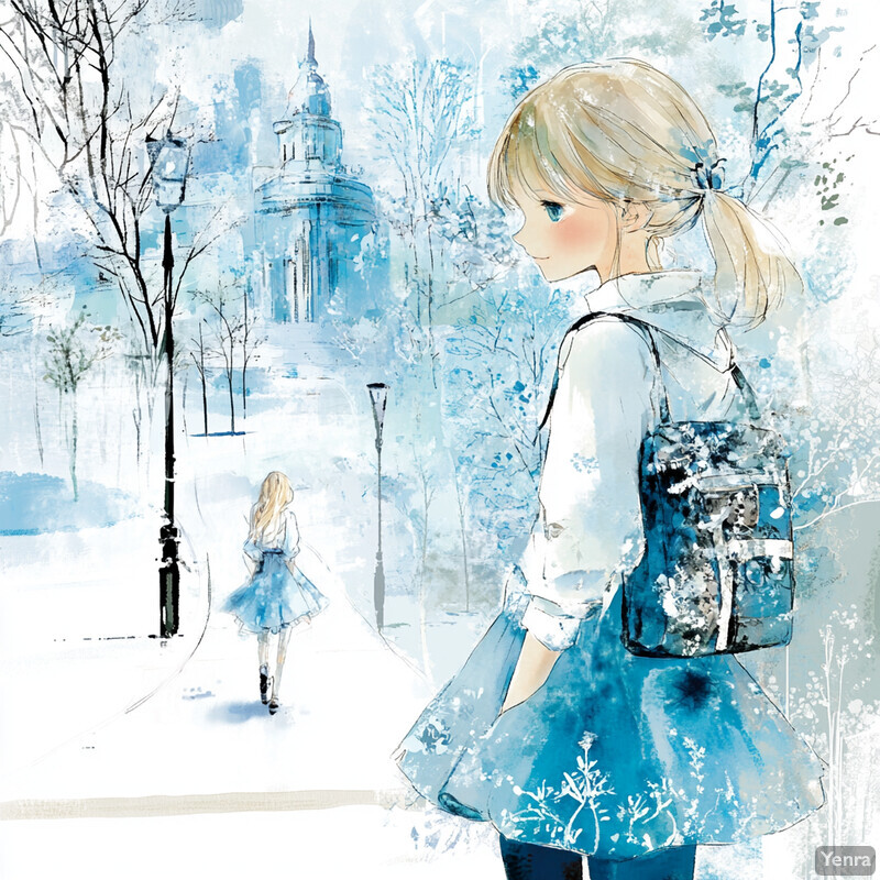 Anime-style illustration of a young girl in a snowy landscape