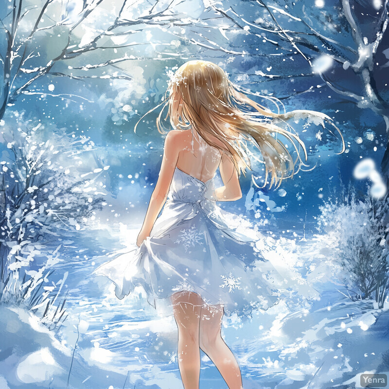 A young woman with long blonde hair walks through a snowy forest, surrounded by snow-covered trees and bushes.