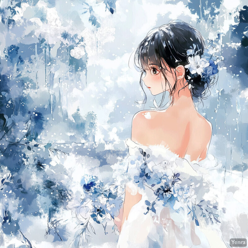 A serene and elegant scene of a woman surrounded by frosted petals, rendered in soft pastel hues with visible texture and depth.