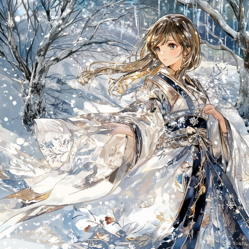 A young woman in a white kimono stands in a snowy winter scene.