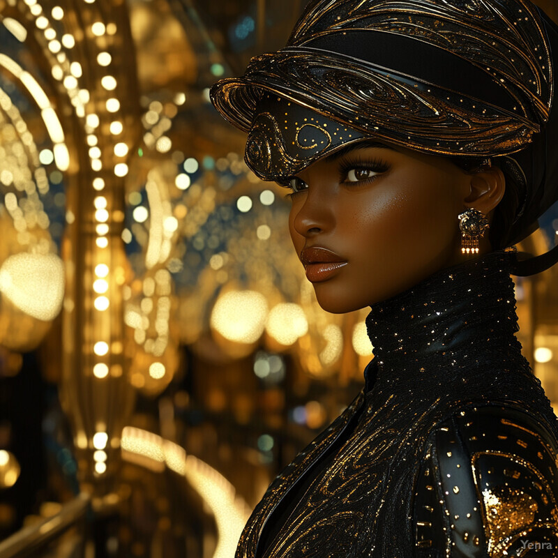 A woman with dark skin and hair styled in an intricate headpiece is posed in front of a blurred cityscape at night, wearing a black dress with gold embellishments and large gold earrings.