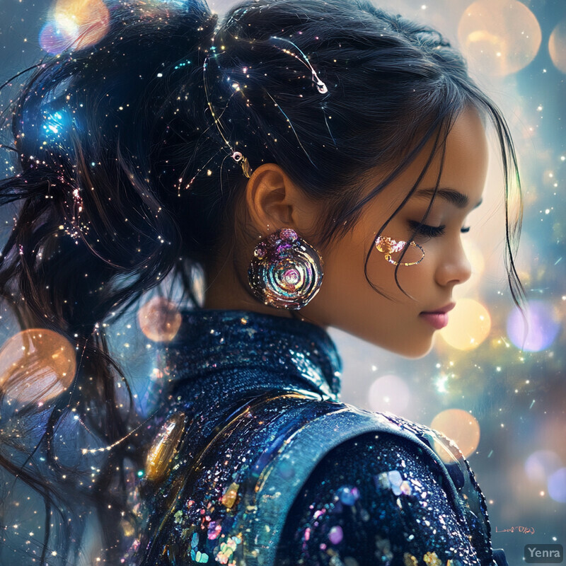 A woman with long dark hair and glittering strands of light, wearing a blue dress or top covered in iridescent sequins, set against a blurred cityscape background.