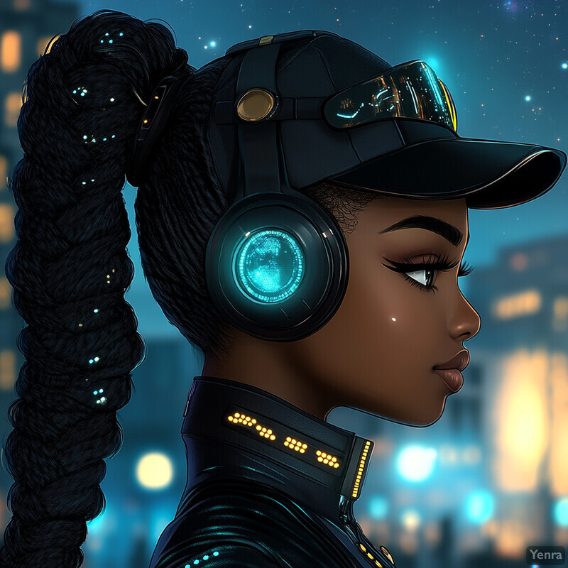 A woman in futuristic attire with glowing earpieces on her headphones gazes towards the right side of the image against a cityscape backdrop.