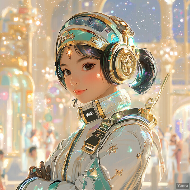 A young girl in a futuristic astronaut suit gazes directly at the viewer with a slight smile.