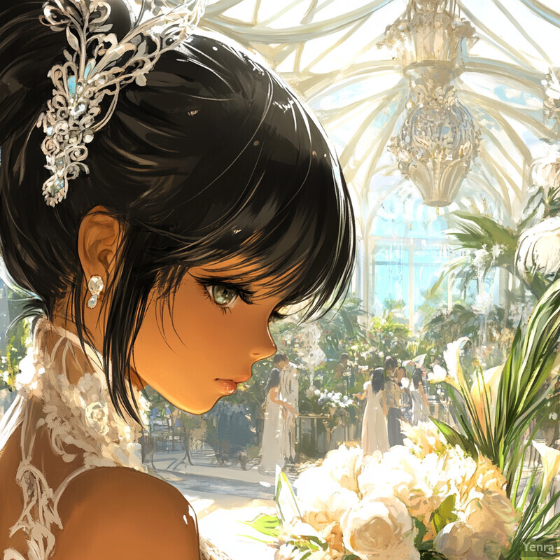 A woman in a white wedding dress stands in front of a window with a garden view.