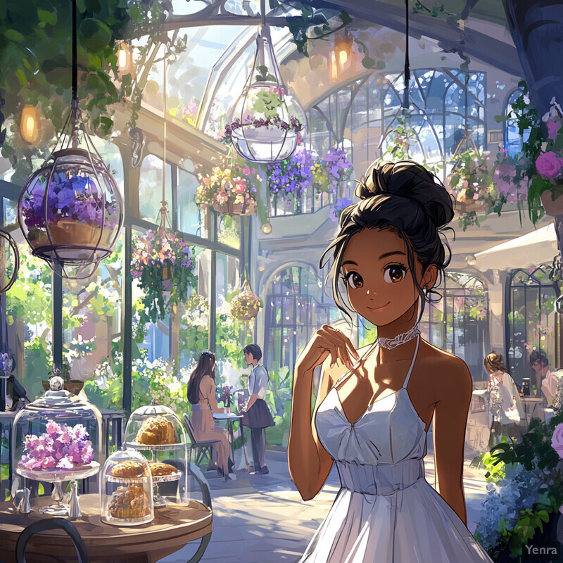 A woman stands confidently in a greenhouse or conservatory surrounded by lush greenery and colorful flowers.