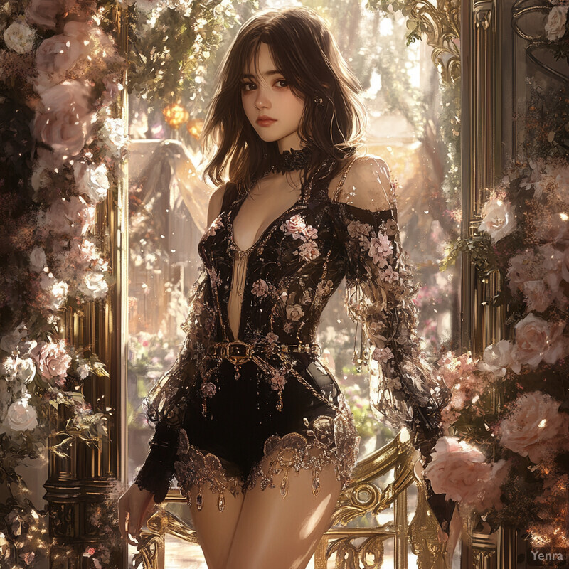 A woman stands confidently in front of a mirror adorned with flowers and gold accents, exuding elegance and sophistication.