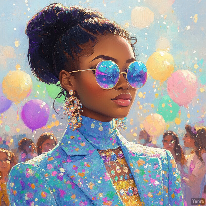 A glamorous woman with dark skin and black hair, surrounded by a crowd and balloons, in an oil painting style.